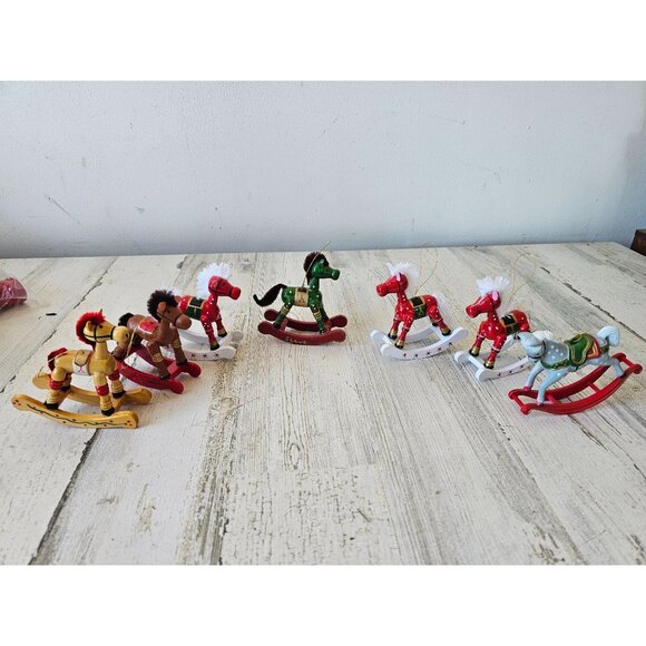 Wooden rocking horses vintage ornament set Xmas tree - Picture 1 of 8